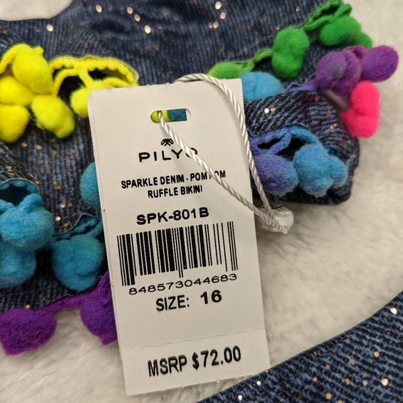 PilyQ Sparkle Denim Pom Pom Ruffle Bikini 16 - Picture 3 of 5